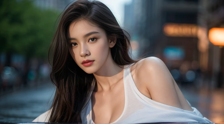 Original photo, (highest quality:1.3), High resolution, (masterpiece), (real:1.4), Professional photography, Sharp focus, High Dynamic Range, 8k resolution, Intricate details, Exquisite detail, Depth of written boundary, Highly detailed CG synthesis 8k wallpaper, masterpiece,Poster,highest quality,Official Art,(Beauty and aesthetics:1.2),(masterpiece:1.3),City of the Future,girl,Slender figure,Cleavage,Military jacket,White tank top,looking at the camera,(Mid-range lens:1.8),Volumetric Fog,rain,night,dramatic