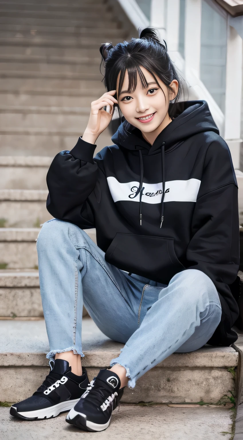highest quality, Realistic, Very detailed, Finer details, High resolution, 8k wallpaper, One beautiful woman,Sit on the stairs、（Wear black socks）smile、（Beautiful teeth alignment、）（Gums are visible） Oversized hoodie, Skinny jeans,（ Black sneakers）、Black Hair、 Beautiful Bangs、ear piercing、Perfect dynamic composition, Beautiful and detailed, Full Body Shot, A big smile

