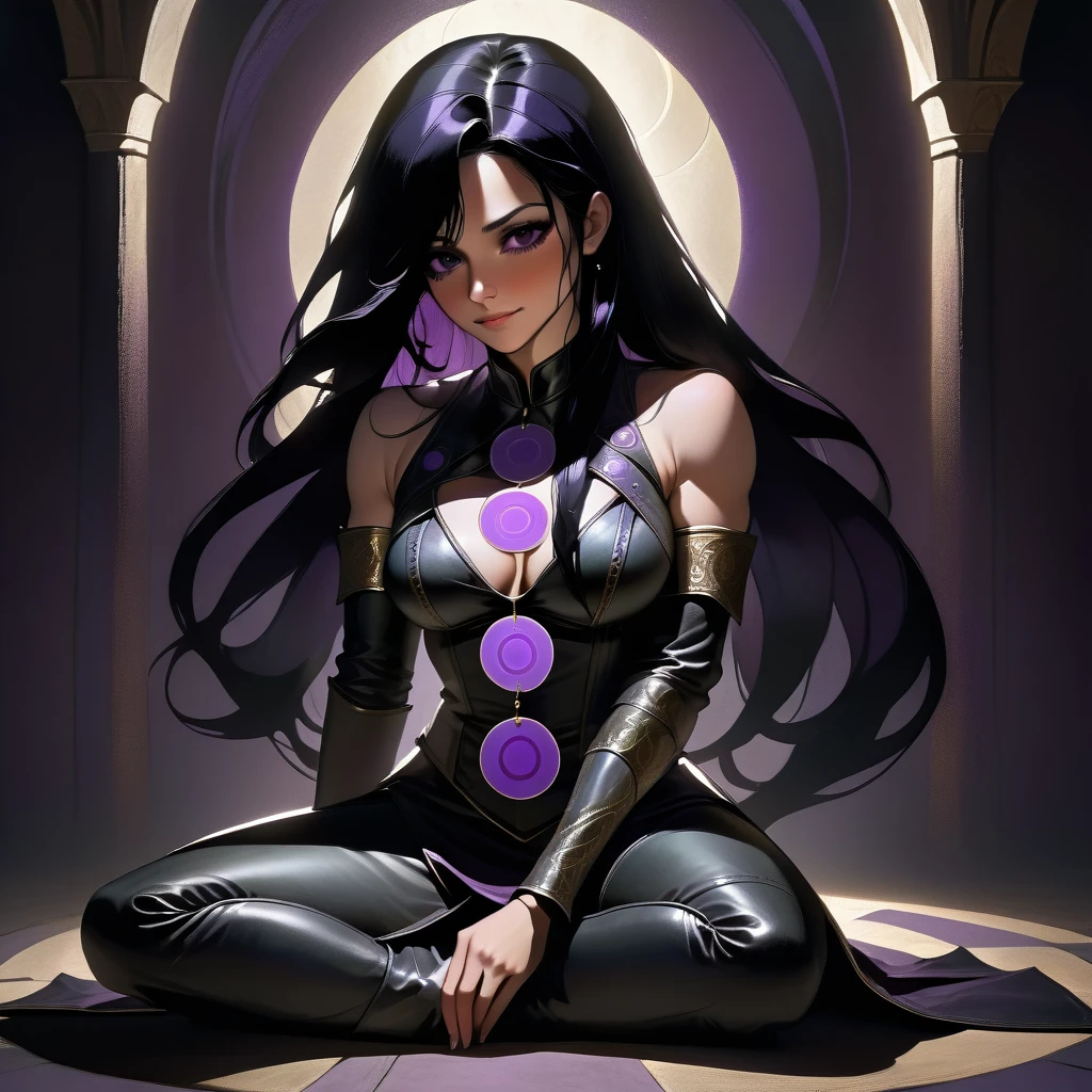 A jovial, muscular adult woman, wearing black leather clothing with purple circles on the outfit. She has long black hair styled. Her gaze is somber, with an air of mystery. She is enveloped in shadows, on his knees, pray pose. Medieval style. She is in a dinamic pose, with dark shadows all around.