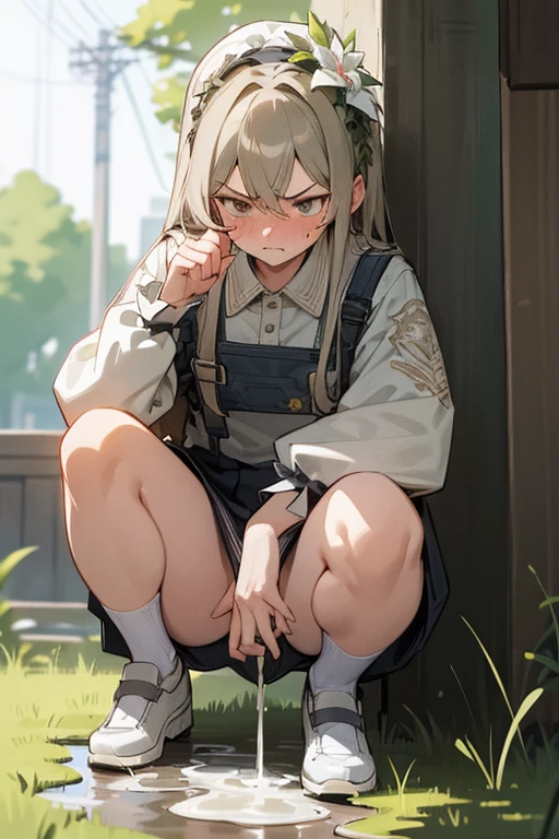 (masterpiece, highest quality), Intricate details, One girl, Squat， Embarrassing, anger, Glare, Blushing，incontinence，Thin yellow liquid spurting out from under her legs，A thin yellow puddle at my feet，In the grass,Black stains on underwear，Urinating，Wearing shoes,Alley,Peeing,Thin yellow liquid dripping from the crotch ，Place your hands on your crotch