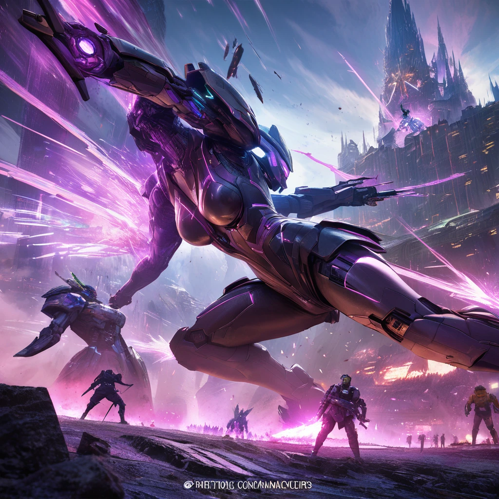 best quality,4k,8k,highres,masterpiece:1.2,ultra-detailed,realistic:1.37,cyberpunk,cybernetic,purple cyber warrior,green cyber warrior,busty cybernetic warriors,robotic castle,high-tech,high fantasy,alien world dream castle,sci-fi,action-packed,thrilling,battle,dynamic poses,vibrant colors,powerful mecha,energy weapons,futuristic technology,battle sparks,cybernetic enhancements,detailed armor and weapons,sci-fi landscape,giant floating crystals,evocative lighting,atmospheric effects,otherworldly feel,immersive,power struggle,grand scale showdown,majestic architecture,advanced robotics,enthralling,awe-inspiring scenery,heroic characters,spectacular visual effects,tension,emotional intensity