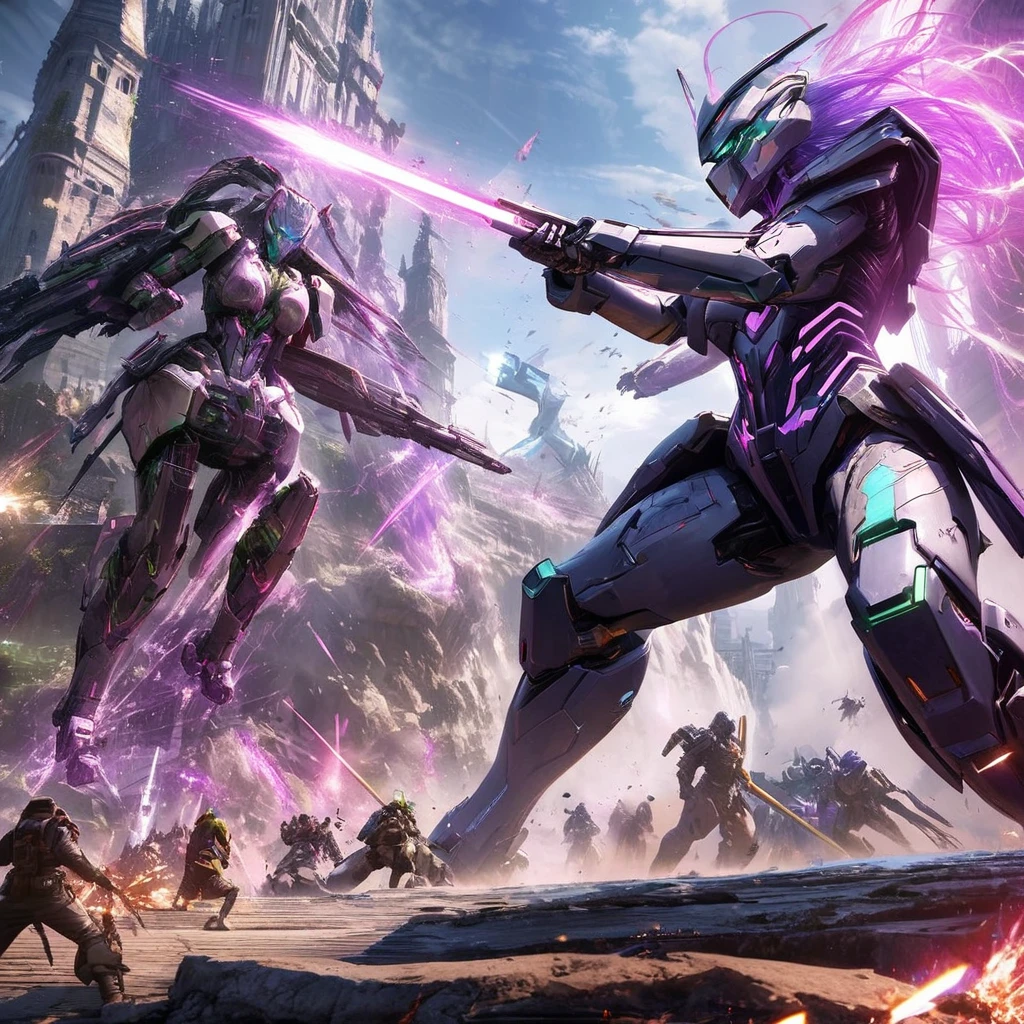 best quality,4k,8k,highres,masterpiece:1.2,ultra-detailed,realistic:1.37,cyberpunk,cybernetic,purple cyber warrior,green cyber warrior,busty cybernetic warriors,robotic castle,high-tech,high fantasy,alien world dream castle,sci-fi,action-packed,thrilling,battle,dynamic poses,vibrant colors,powerful mecha,energy weapons,futuristic technology,battle sparks,cybernetic enhancements,detailed armor and weapons,sci-fi landscape,giant floating crystals,evocative lighting,atmospheric effects,otherworldly feel,immersive,power struggle,grand scale showdown,majestic architecture,advanced robotics,enthralling,awe-inspiring scenery,heroic characters,spectacular visual effects,tension,emotional intensity