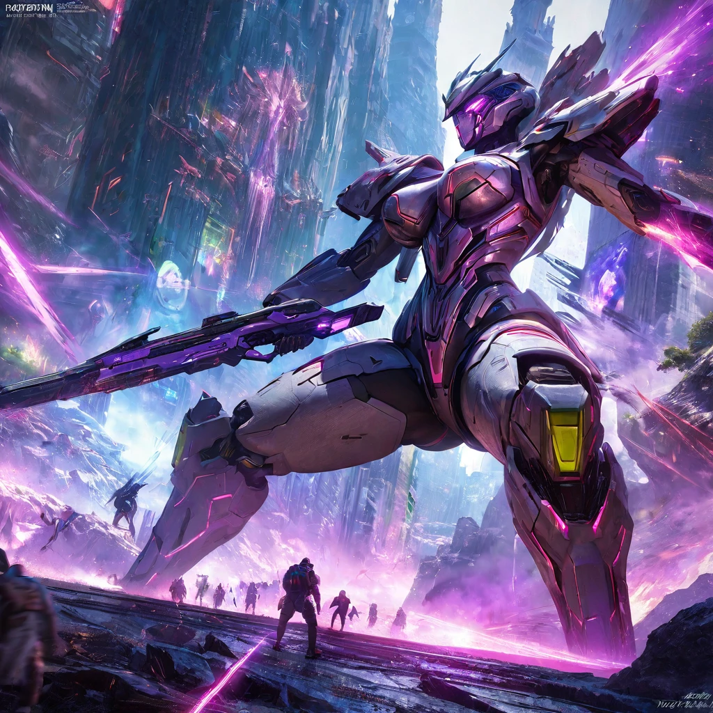 best quality,4k,8k,highres,masterpiece:1.2,ultra-detailed,realistic:1.37,cyberpunk,cybernetic,purple cyber warrior,green cyber warrior,busty cybernetic warriors,robotic castle,high-tech,high fantasy,alien world dream castle,sci-fi,action-packed,thrilling,battle,dynamic poses,vibrant colors,powerful mecha,energy weapons,futuristic technology,battle sparks,cybernetic enhancements,detailed armor and weapons,sci-fi landscape,giant floating crystals,evocative lighting,atmospheric effects,otherworldly feel,immersive,power struggle,grand scale showdown,majestic architecture,advanced robotics,enthralling,awe-inspiring scenery,heroic characters,spectacular visual effects,tension,emotional intensity