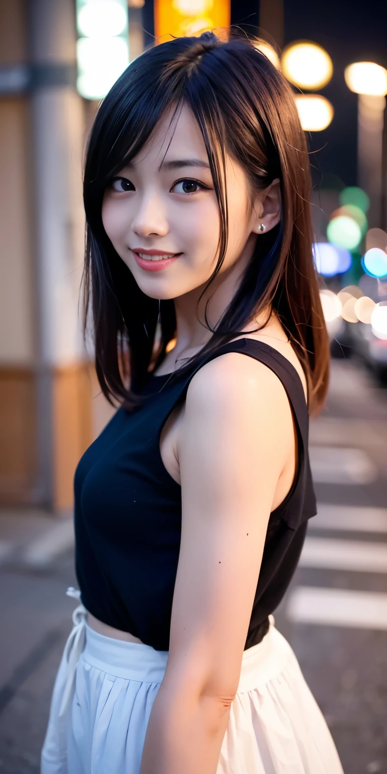 1 Girl, Tokyo Street,night, Streetscape,City lights,Upper Body,close,smile,, (8K, Raw photo, highest quality, masterpiece:1.2),(Realistic, photo-Realistic:1.37),