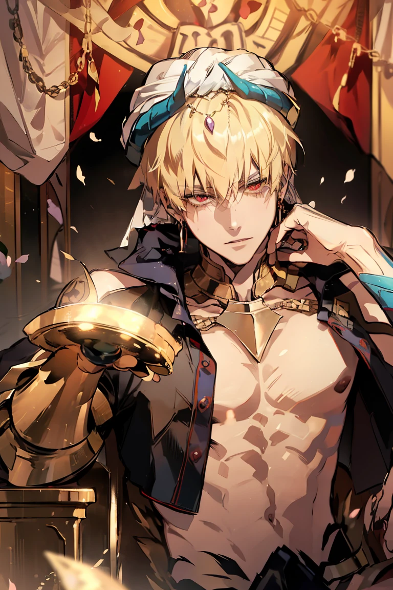 fate grand order (absurdres, highres, ultra detailed, HDR), masterpiece, best quality, Gilgamesh, 1man, solo, handsome, short hair, blonde hair, vibrant red eyes, finely eye and detailed face, golden earrings, pink lotus, petals
