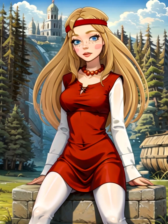 (((highliest-professional-exactly-matching-photo-real-life))) (((outdoors, nature))) alyonushka, 1girl, long hair, blonde hair, solo, blue eyes, jewelry, headband, necklace, freckles, blush, dress, parody, bead necklace, navel, looking at viewer, parted lips, long sleeves, pearl necklace, red dress, medium breasts, lips, midriff, blush stickers, sitting, spread legs, panties, white panties, pussy 