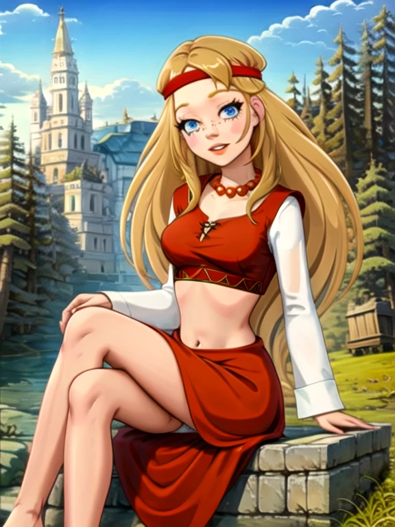 (((highliest-professional-exactly-matching-photo-real-life))) (((outdoors, nature))) alyonushka, 1girl, long hair, blonde hair, solo, blue eyes, jewelry, headband, necklace, freckles, blush, dress, parody, bead necklace, navel, looking at viewer, parted lips, long sleeves, pearl necklace, red dress, medium breasts, lips, midriff, blush stickers, sitting, spread legs, panties, white panties, pussy 