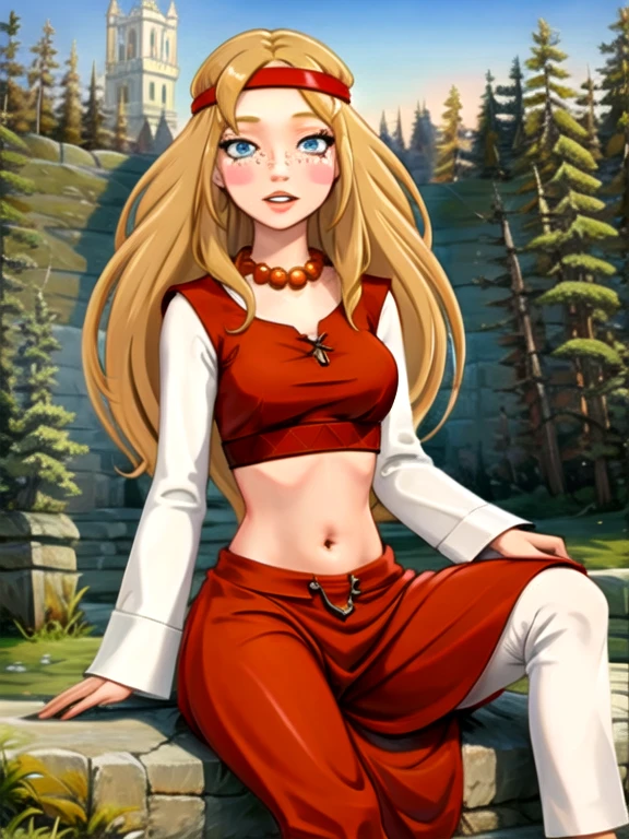 (((highliest-professional-exactly-matching-photo-real-life))) (((outdoors, nature))) alyonushka, 1girl, long hair, blonde hair, solo, blue eyes, jewelry, headband, necklace, freckles, blush, dress, parody, bead necklace, navel, looking at viewer, parted lips, long sleeves, pearl necklace, red dress, medium breasts, lips, midriff, blush stickers, sitting, spread legs, panties, white panties, pussy 