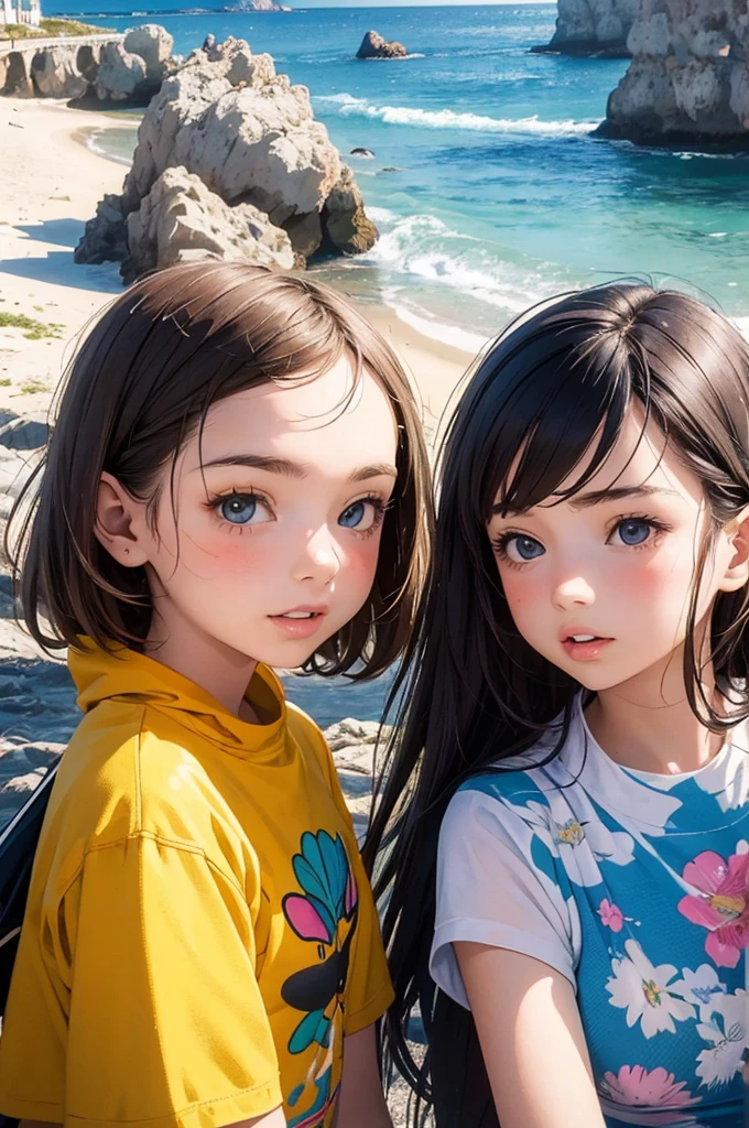 (masterpiece, best quality:1.1),
(popart style),flat color,(2girls),cute face,tween,enjoy trip,(Spiaggia dei Maronti),Italy, beautiful detailed scenery, beautiful lighting,very happy,dynamic pose,photographic portrait, sharp,Illustration by okama,