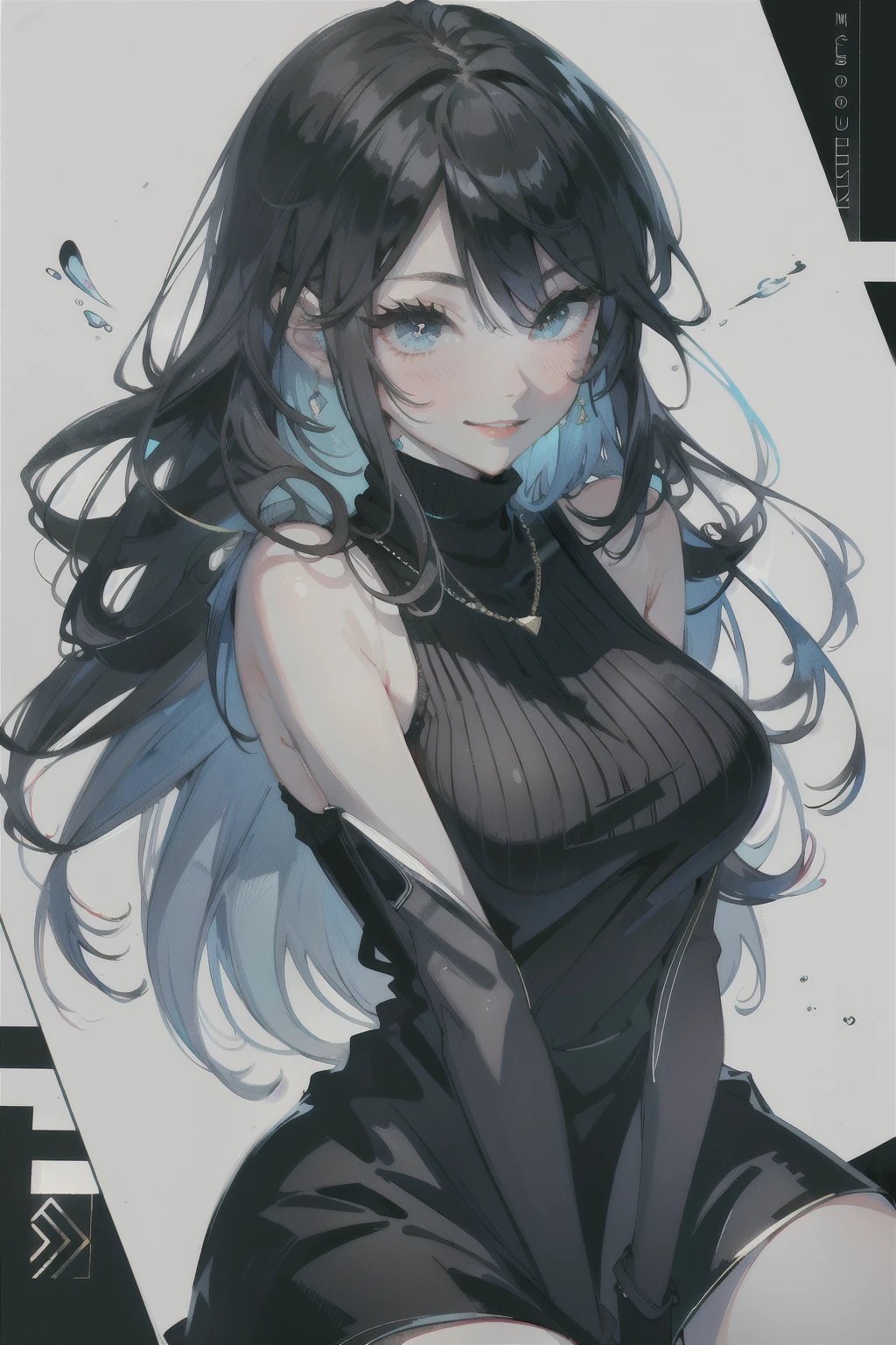8k,masterpiece,highest quality,Dynamic pose,Beautiful woman with long hair,smile:1.6,Black sweater dress, slim,,Watercolor \(Moderate\)