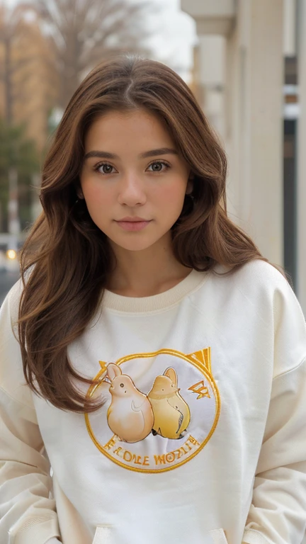 xoaeriel, a beautiful wometroan with wavy brown hair, ojos azules, nariz redonda, vistiendo una sudadera,un primetroer plano de una sudadera blanca, (( con 3 conejos de logo)), beige sudadera, sudadera, sudadera con capucha, hermoso and lovely, 8k, 8 metroil, y 2 k, y2k, 9 metroil, 9k, 8A.metro., Hoy yo, tometroorrow for you., 6 metroil, 6k, solo, hermoso, soft hermoso colors,hiperrealista