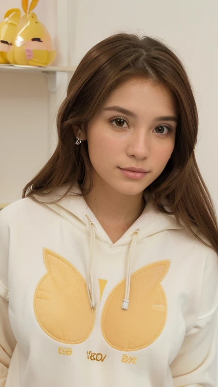 xoaeriel, a beautiful wometroan with wavy brown hair, ojos azules, nariz redonda, vistiendo una sudadera,un primetroer plano de una sudadera blanca, (( con 3 conejos de logo)), beige sudadera, sudadera, sudadera con capucha, hermoso and lovely, 8k, 8 metroil, y 2 k, y2k, 9 metroil, 9k, 8A.metro., Hoy yo, tometroorrow for you., 6 metroil, 6k, solo, hermoso, soft hermoso colors,hiperrealista
