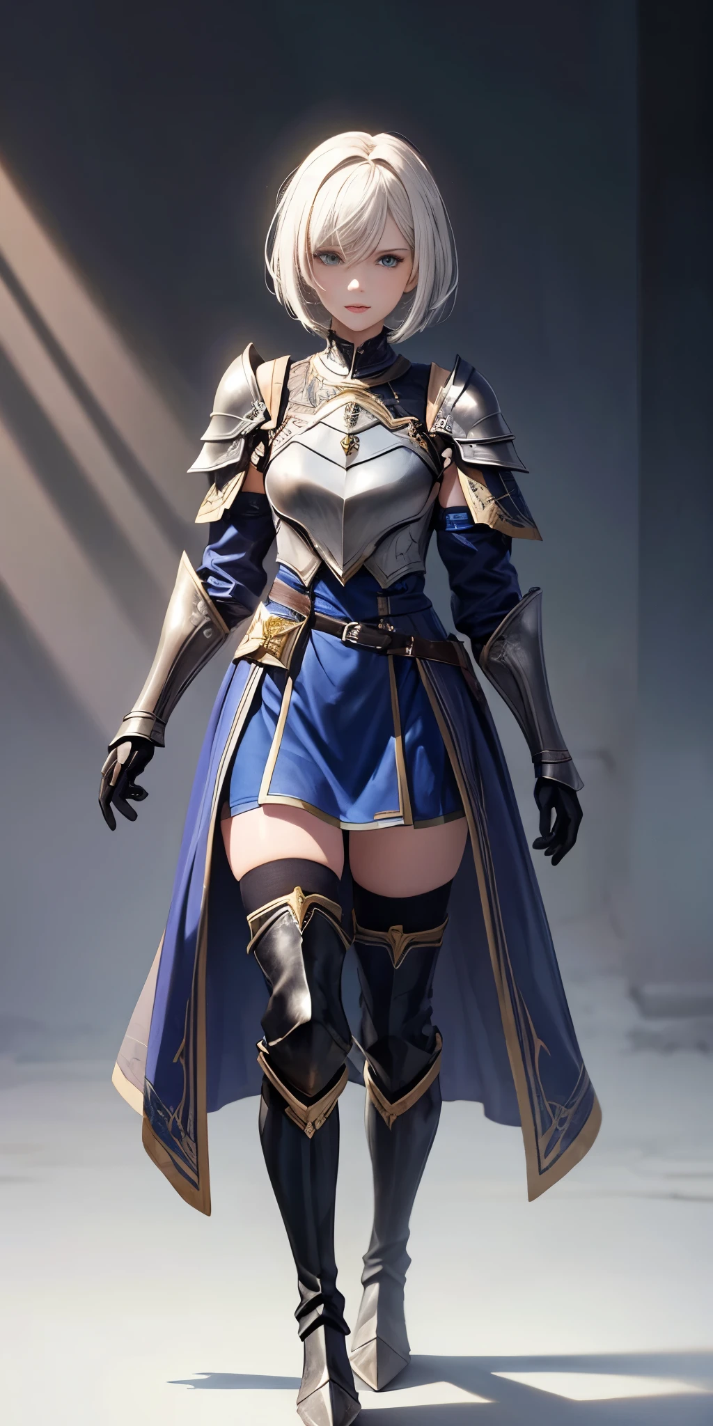 full body, def_effie, blue breastplate, blue skin, looking at viewer, shiny,armor, thighhighs, high boots,shoulder armor, faulds, poleyn, gloves, gauntlets,