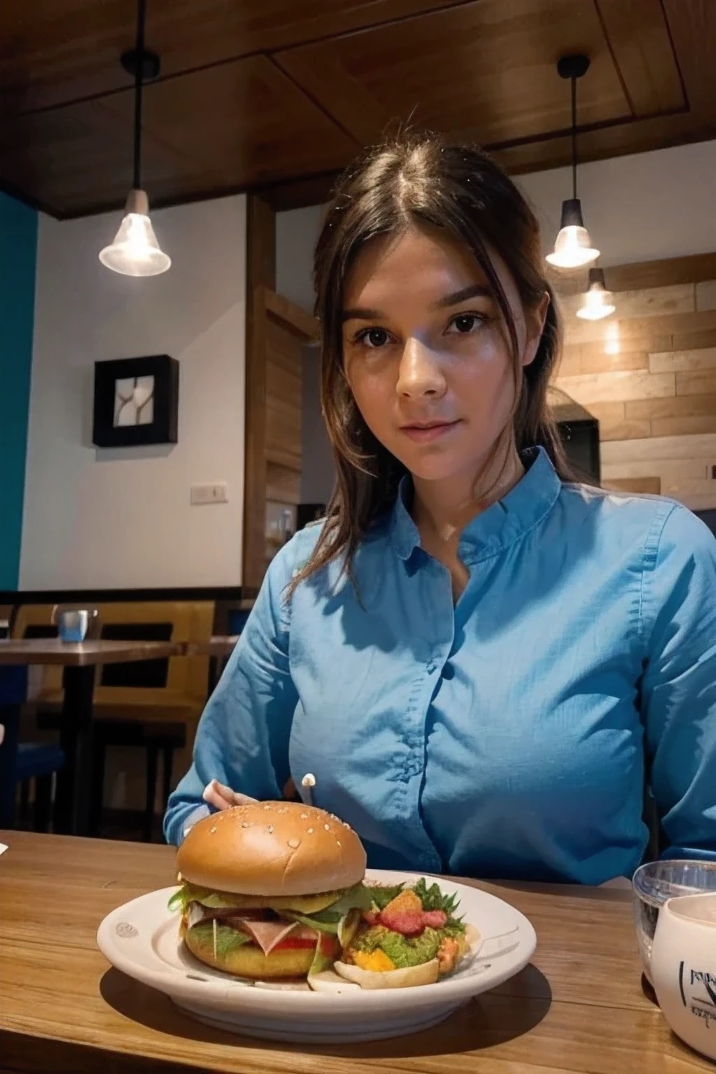 foto de cena, en primera persona, una hamburguesa, en un restaurant fino con mesa de madera, mantel azul de cuadros, plato de porcelana, serie de luces desenfocadas al fondo, para historia en instagram