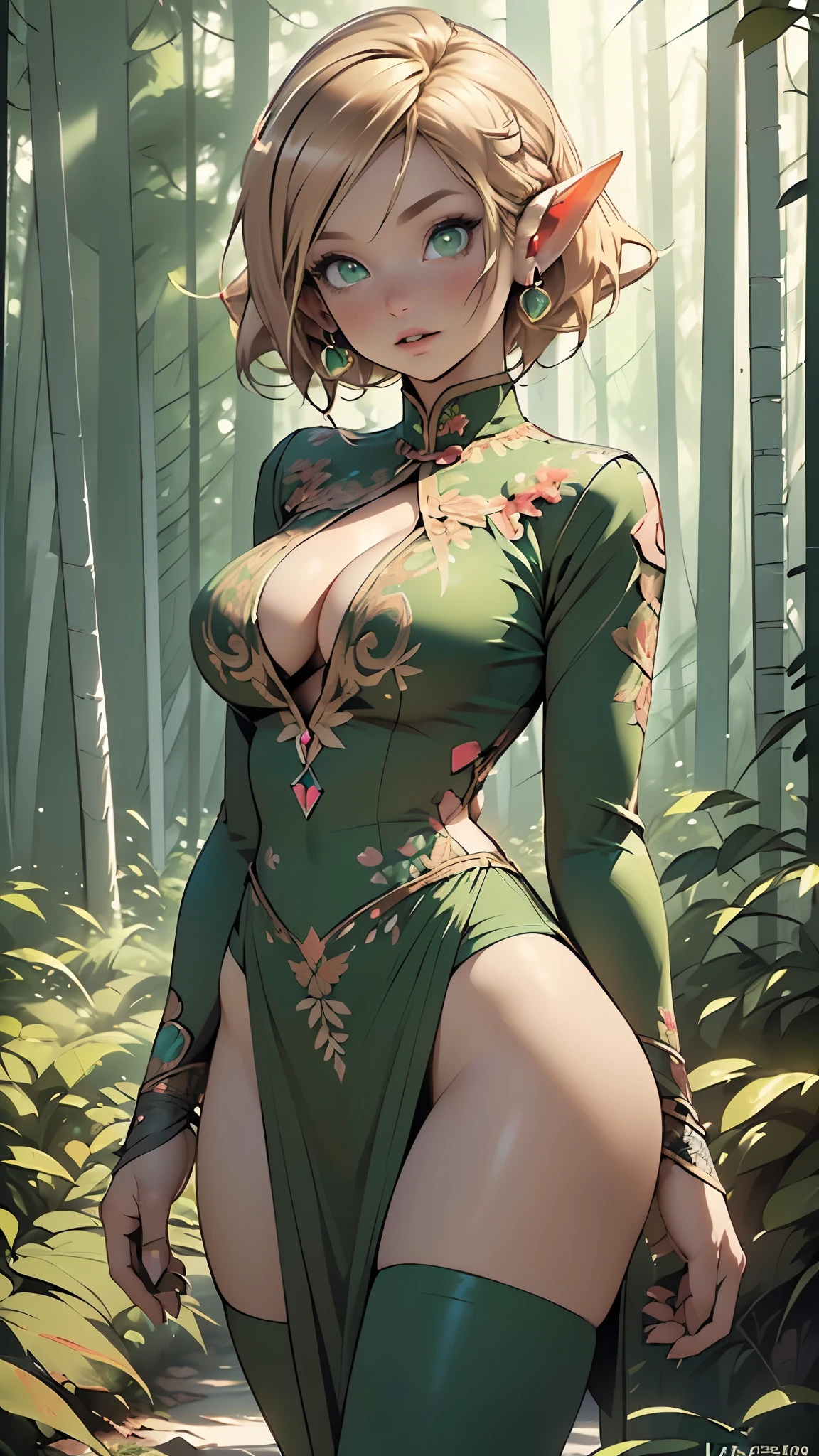 rpg, mucus,  Smooth leather ,   erotic pose, cut out,    High School of the Dead   , 4K,  , topic, elf,  blonde, the forest, green revealing outfit,  long 
disheveled hair, waist-deep in the swamp , a swordница, an adventurer, a sword, sweet girl, teenager,  neck collar, chain leash 