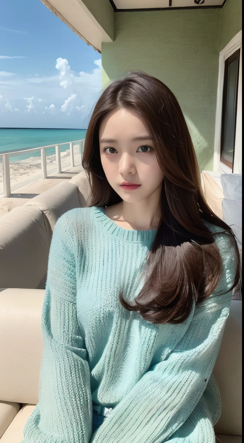 Cinematic photo, 1 beauty: 1.2, pale blue sweater, long brown hair, super detailed face, sitting on white sofa, background: sea resort, outdoor, sunlight, camera gaze