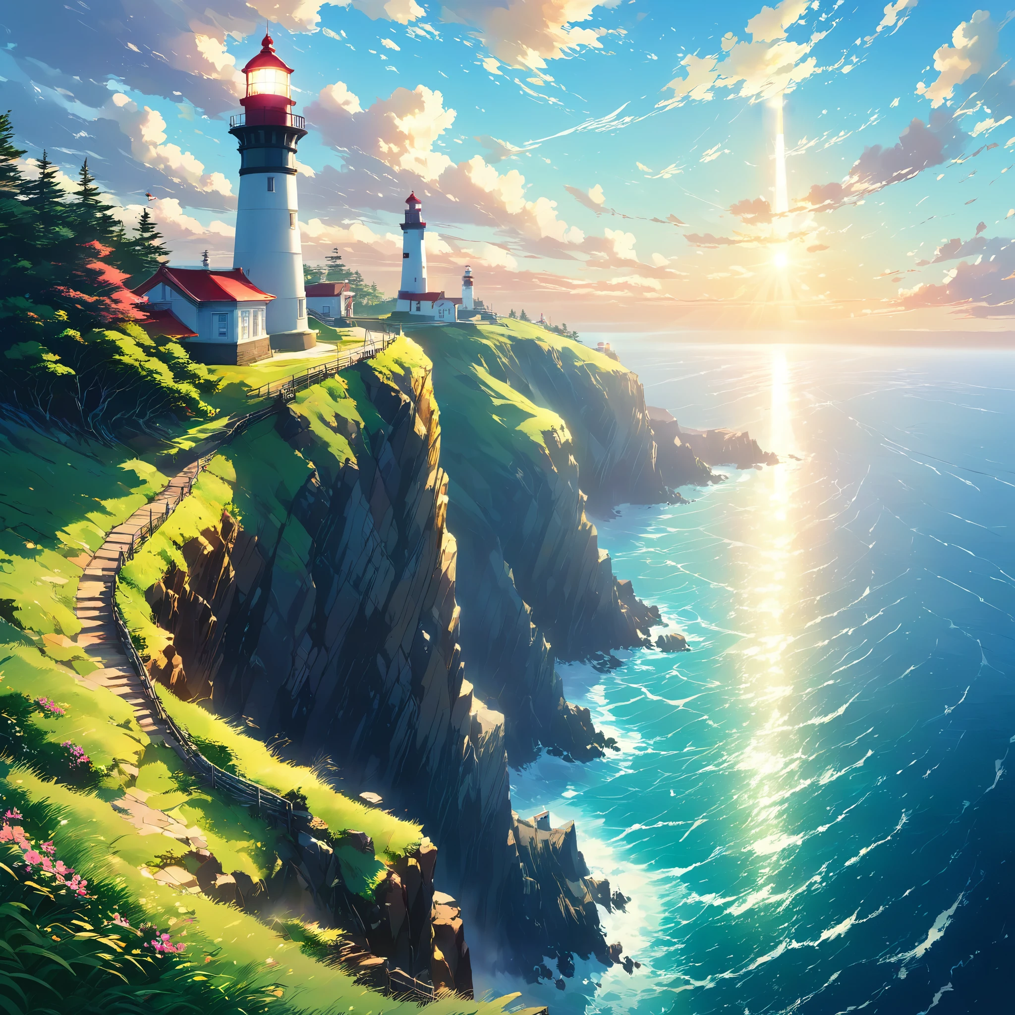 a painting of a lighthouse on a cliff overlooking the ocean, ross tran. scenic background, lighthouse, beautiful anime scenery, scenery artwork, light house, beautiful digital painting, by Andreas Rocha, a beautiful artwork illustration, amazing wallpaper, by Raymond Han, beautiful painting of a tall, studio glibly makoto shinkai, beautiful wallpaper, anime scenery