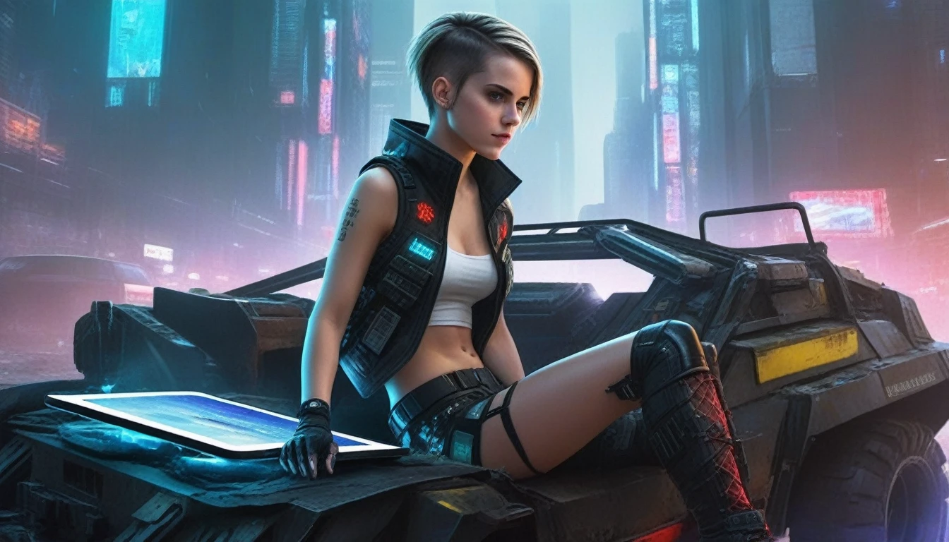 A young female hacker sitting on the hood of a wrecked APC in a cyberpunk metropolis facing the viewer, right arm resting on her waist, left arm held forward holding a transparent smart tablet, short undercut haircut, immaculate skin, scared look on her face, tears on her face, full lips, small breasts, strong legs, fullbody back and red skintight cyberpunk underarmor with intricate hexagon pattern, swat combat vest with attached wearable computer, black leather utility belt with multimeter and some probes attached, thigh high black latex boots, cutoff white gloves, no makeup, natural fingernails, emma_watson, Apocalyptic Style: