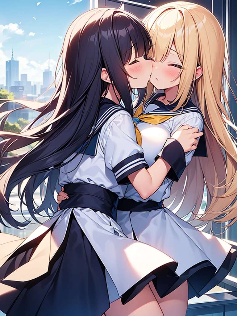 Tabletop, highest quality,figure, wallpaper, Super detailed, Absurd beauty、((School rooftop、evening))、Backlight、((Two beautiful girls、))、(Blonde、long、Wavy Hair、Very large breasts)、((to kiss))、Close your eyes、Hair swaying in the wind、、White sailor suit with short sleeves、Blue and white checked skirt、Navy blue checked skirt、blush、Shyness