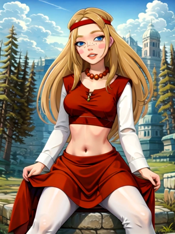 (((highliest-professional-exactly-matching-photo-real-life))) (((outdoors, nature))) alyonushka, 1girl, long hair, blonde hair, solo, blue eyes, jewelry, headband, necklace, freckles, blush, dress, parody, bead necklace, navel, looking at viewer, parted lips, long sleeves, pearl necklace, red dress, medium breasts, lips, midriff, blush stickers, sitting, spread legs, panties, white panties, pussy, skirt lift 