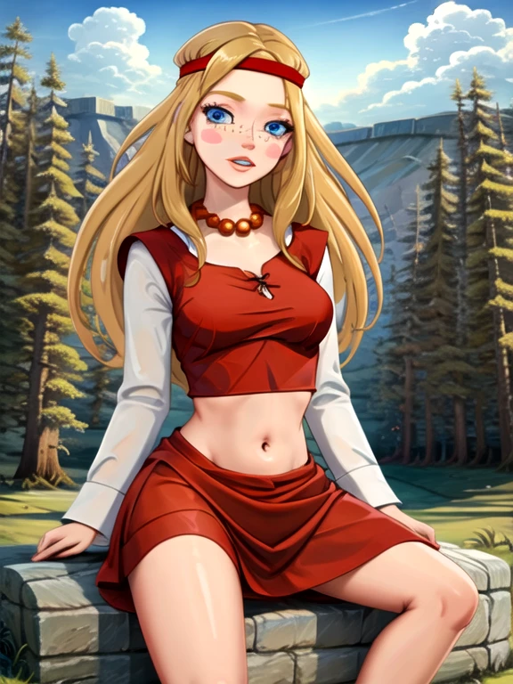 (((highliest-professional-exactly-matching-photo-real-life))) (((outdoors, nature))) alyonushka, 1girl, long hair, blonde hair, solo, blue eyes, jewelry, headband, necklace, freckles, blush, dress, parody, bead necklace, navel, looking at viewer, parted lips, long sleeves, pearl necklace, red dress, medium breasts, lips, midriff, blush stickers, sitting, spread legs, panties, white panties, pussy, skirt lift 