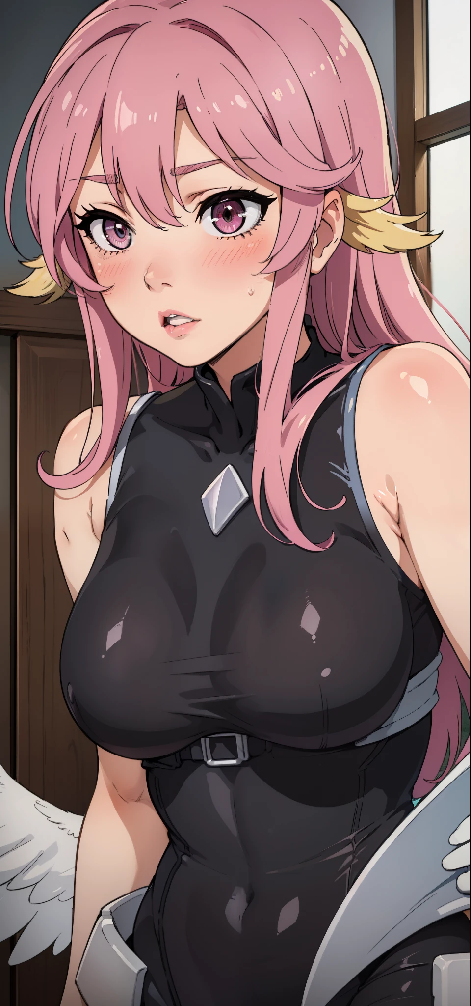 Jibril, ((upper body)), blushed, perfect anatomy, detailed eyes, detailed lips, extremely detailed eyes and face, vivid colors, sharp focus, masterpiece:1.2, ultra-detailed, blushed, ((doggystyle)), (solo), ((bodysuit)), sleeveless.