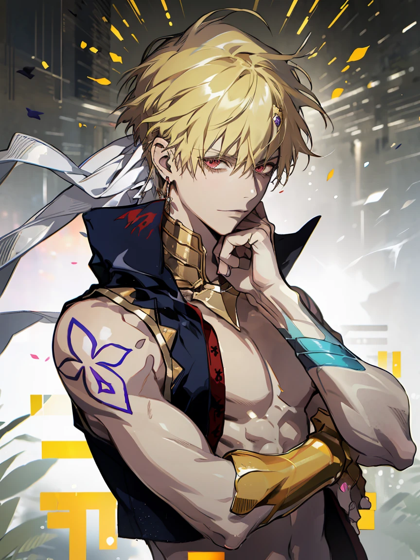 absurdres, highres, ultra detailed, HDR, master piece, best quality, extremely detailed face, delicated features, Gilgamesh (caster), blonde hair, expressive red eyes, Fate Grand Order, solo, sexy man, handsome, adult face, manly man, smile, toned chest, single golden gauntlet, golden necklace, turban with blue horns, jelwery, red roses, window, curtains, throne room, fantasy, magical