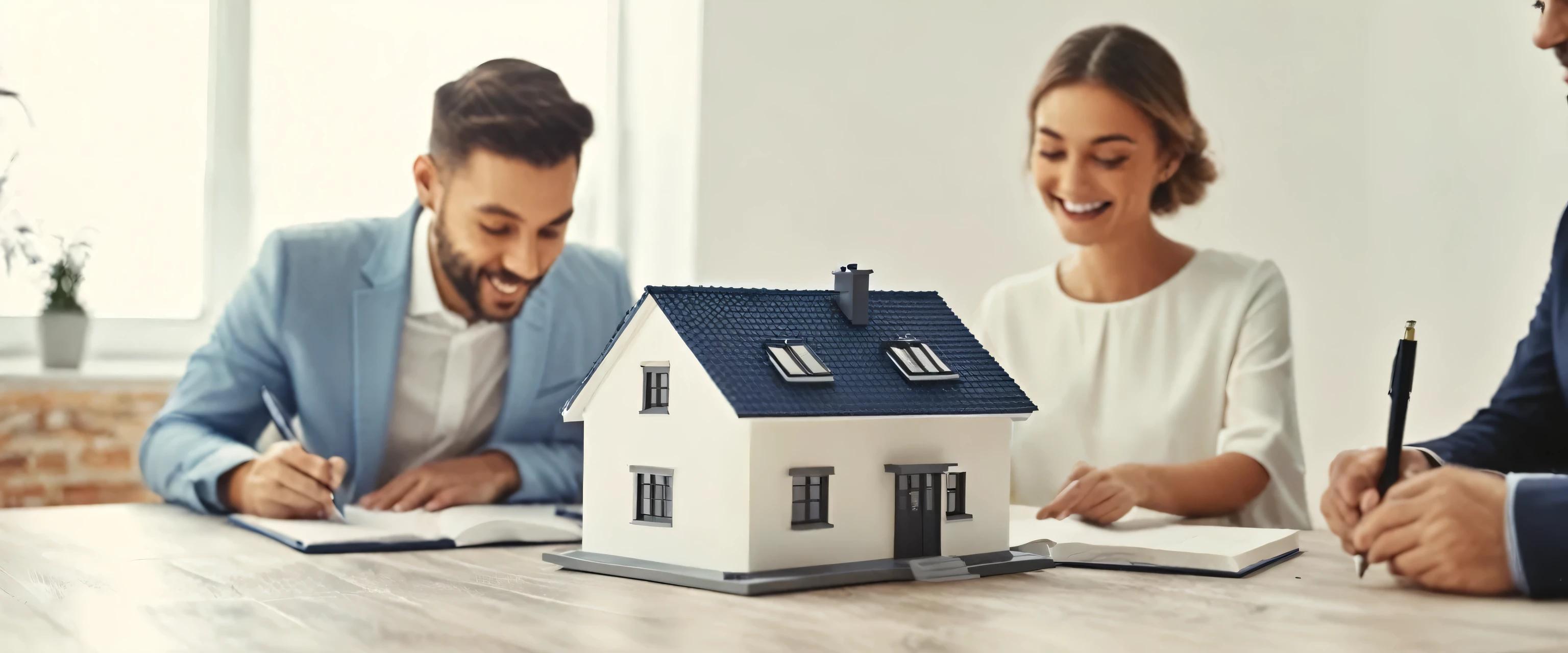 Real estate agent or realtor signing mortgage agreement for new home with couple of happy young clients. Concept of home loan and buying own property. Close up of miniature house. Generative AI