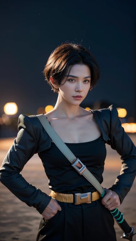masterpiece, Ultra realistic, 16k, high quality, incredibly detailed, dream aesthetic, dream atmosphere, cinematic, work of art, (sharp focus: 1.5), (photorealistic: 1.3), featured (Beautiful boy), Mirai Trunks (furure trunks from dragon ball z), cinematic, detailed, 4k sharp focus, realistic. Tall. Gorgeous. tanned skin, Turquoise blue eyes, short lilac hair (hair divided in half), black shirt. dark blue jacket. ultra realistic textures. black t-shirt (under the jacket), dark gray pants, sword (sword hilt appearing behind the shoulder on the side of the head) on the back. looking at viewer. cool outfit, badass, threatening. illuminated, realistic shading (realistic texture). In Different positions at different angles. Night background. unbelievably real, best quality, Photorealistic.