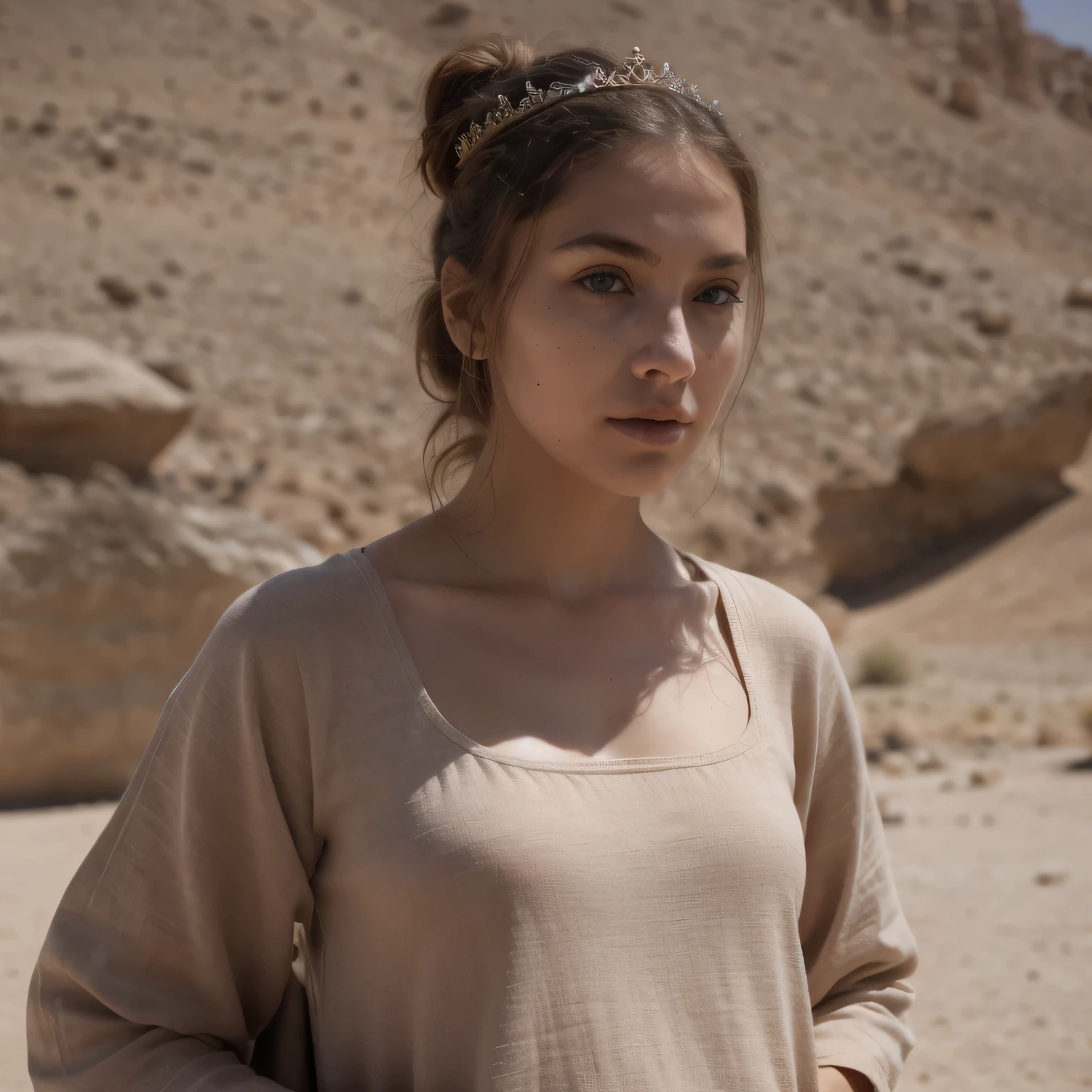 photo of a college student, in Desert Color Coarse Linen Pink,Desert Color Coarse Linen, (freckles:0.8) cute face, sci-fi, dystopian, detailed eyes, Heterochromia eyes((Side view))(Lunar soil)((a beautiful fantasy empress))