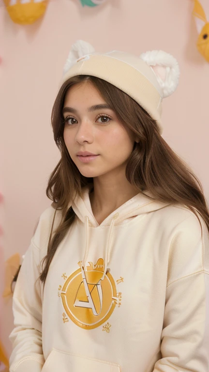 xoaeriel, a beautiful wometroan with wavy brown hair, ojos azules, nariz redonda, vistiendo una sudadera,un primetroer plano de una sudadera blanca, (( con 3 conejos de logo)), beige sudadera, sudadera, sudadera con capucha,((sin adornos en el cabello)), hermoso and lovely, 8k, 8 metroil, y 2 k, y2k, 9 metroil, 9k, 8A.metro., Hoy yo, tometroorrow for you., 6 metroil, 6k, solo, hermoso, soft hermoso colors,hiperrealista