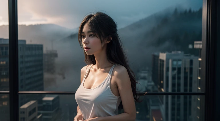 ((masterpiece, highest quality, Best image quality, High resolution, Realistic, RAW Photos, 8k)), ((High-definition CG synthesis 8K wallpaper)), floating, Profile of a woman sitting on the edge of a building, City night view,