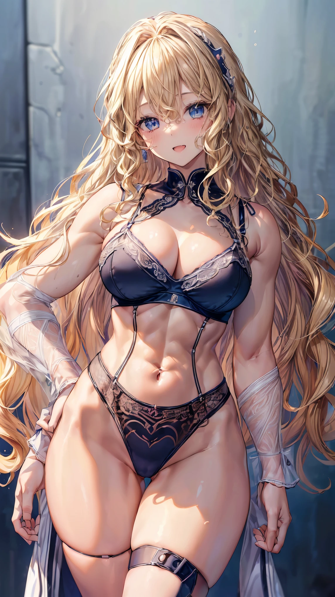 (Adult women:1.5)、Very detailed、highest quality、Best image quality、masterpiece、8k、Anime Face、A kind smile、(Open your mouth:1.3)、Sparkling blue eyes、(Blonde Wavy Hair:1.5)、、Muscles of the whole body、(High leg:1.5)、Thigh belt、(Wearing lingerie:1.5)、(Cowboy Shot:1.5)、SFW Giant