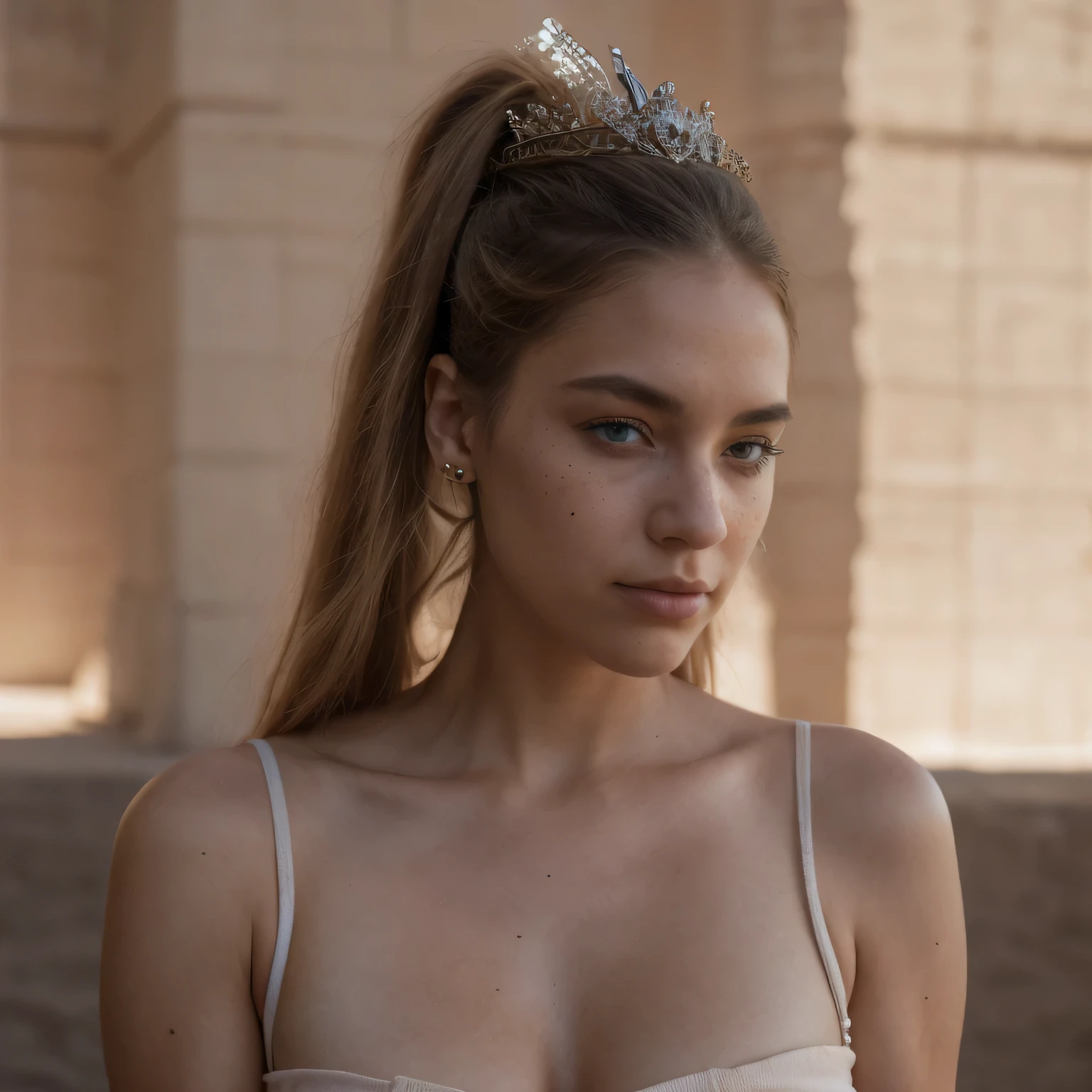 photo of a college student, in Desert Color Coarse Linen Pink,Desert Color Coarse Linen, (freckles:0.8) cute face, sci-fi, dystopian, detailed eyes, Heterochromia eyes((Side view))(Lunar soil)((a beautiful fantasy empress))