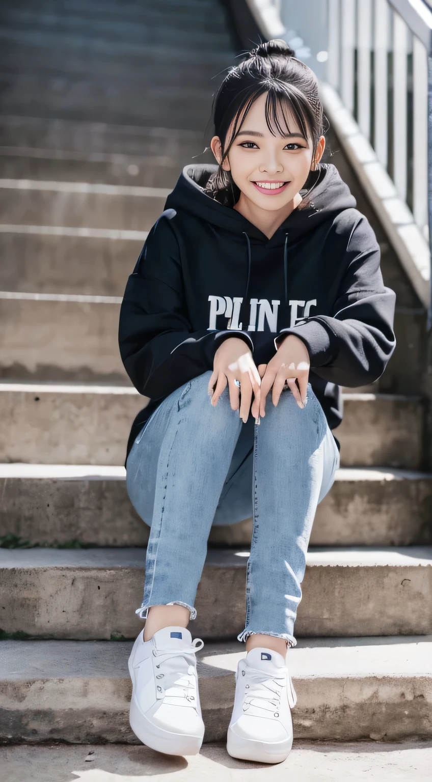 highest quality, Realistic, Very detailed, Finer details, High resolution, 8k wallpaper, One beautiful woman,Sit on the stairs、（Wear black socks）smile、（Beautiful teeth alignment、）（Gums are visible） Oversized hoodie, Skinny jeans,（ Black sneakers）、Black Hair、 Beautiful Bangs、ear piercing、Perfect dynamic composition, Beautiful and detailed, Full Body Shot, A big smile

