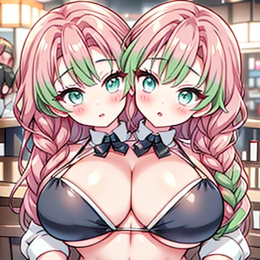 Your two headed massive fat wife conjoined to your fat mitsuri cosplayer daughter fully clothed in a cosplay outfit and a very overfull bikini top on their two headed body. Her two distinct heads are clearly drunk and face to face with their lips touching as she accidentally kisses your daughter on the lips in front of you while you’re on a date with her at a busy bar. Your mitsuri cosplayer daughter is clearly embarrassed by the kissing and doesn’t want to be conjoined to your absolutely beautiful wife on such a massively endowed two headed body but is too drunk to care as she returns the kiss to her second head.