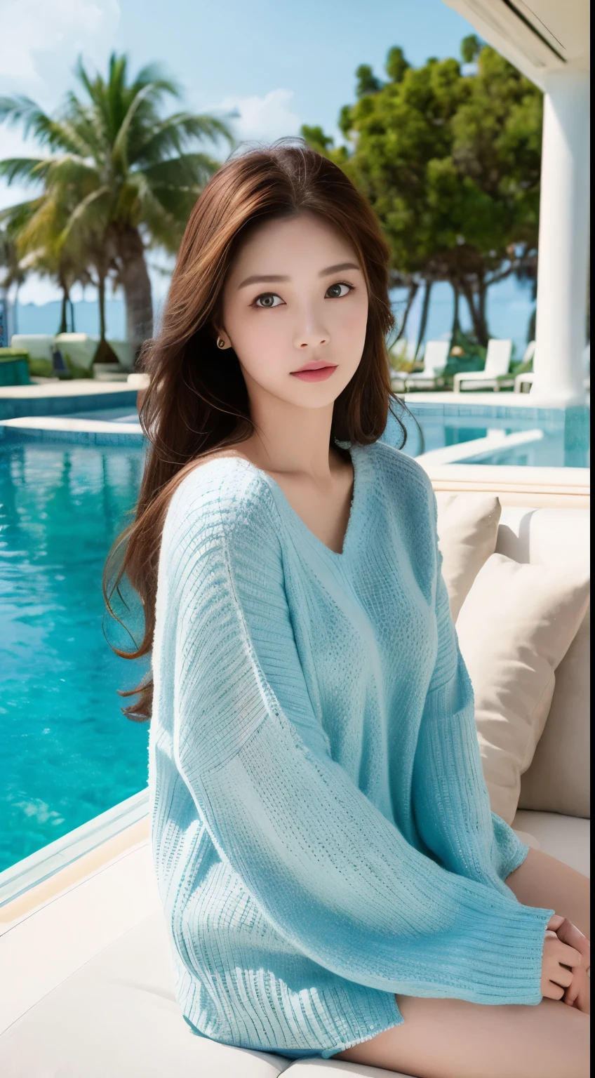 Cinematic photo, 1 beauty: 1.2, pale blue sweater, long brown hair, super detailed face, sitting on white sofa, background: sea resort, outdoor, sunlight, camera gaze