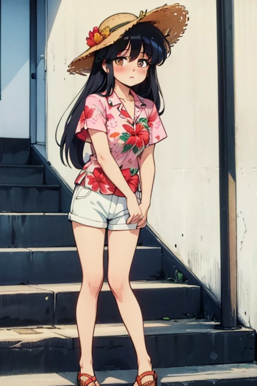 Madoka Ayukawa, bangs, 1girl, masterpiece, highest quality, disorganized, retro artstyle, 1980s \(style\)))), look viewer, long hair, Woman wearing a straw hat standing on a steps, (((Bright red aloha shirt with hibiscus pattern))), (((white shortpants))), blue longhair, look viewer, long hair, knee shot, full blush,