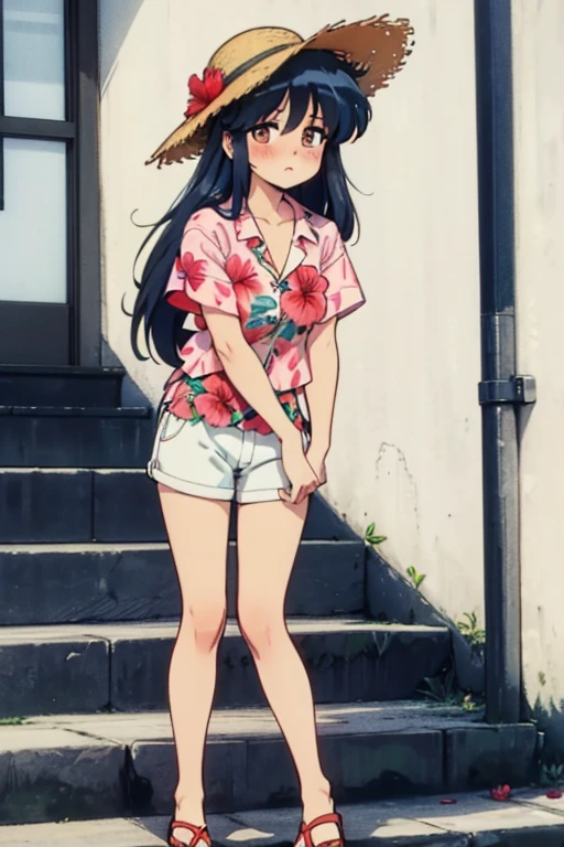 Madoka Ayukawa, bangs, 1girl, masterpiece, highest quality, disorganized, retro artstyle, 1980s \(style\)))), look viewer, long hair, Woman wearing a straw hat standing on a steps, (((Bright red aloha shirt with hibiscus pattern))), (((white shortpants))), blue longhair, look viewer, long hair, knee shot, full blush,