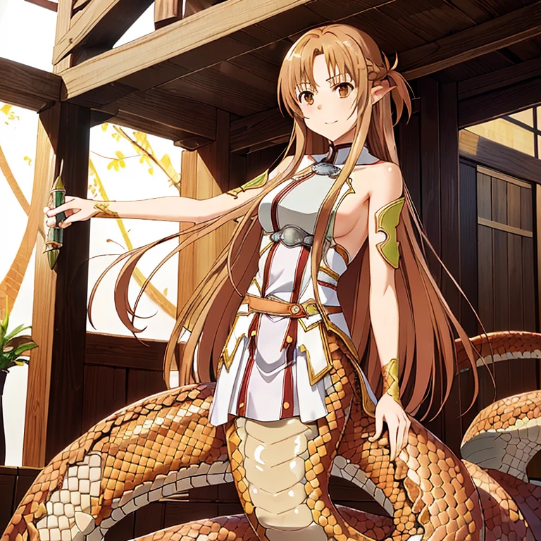 ((highest quality)), ((masterpiece)), (detailed), Perfect Face、Yuuki Asuna、Brown Hair、（The woman is naked and has the lower half of a snake, a Lamia.）、The scales are golden、The legs are completely１It has become a Lamia