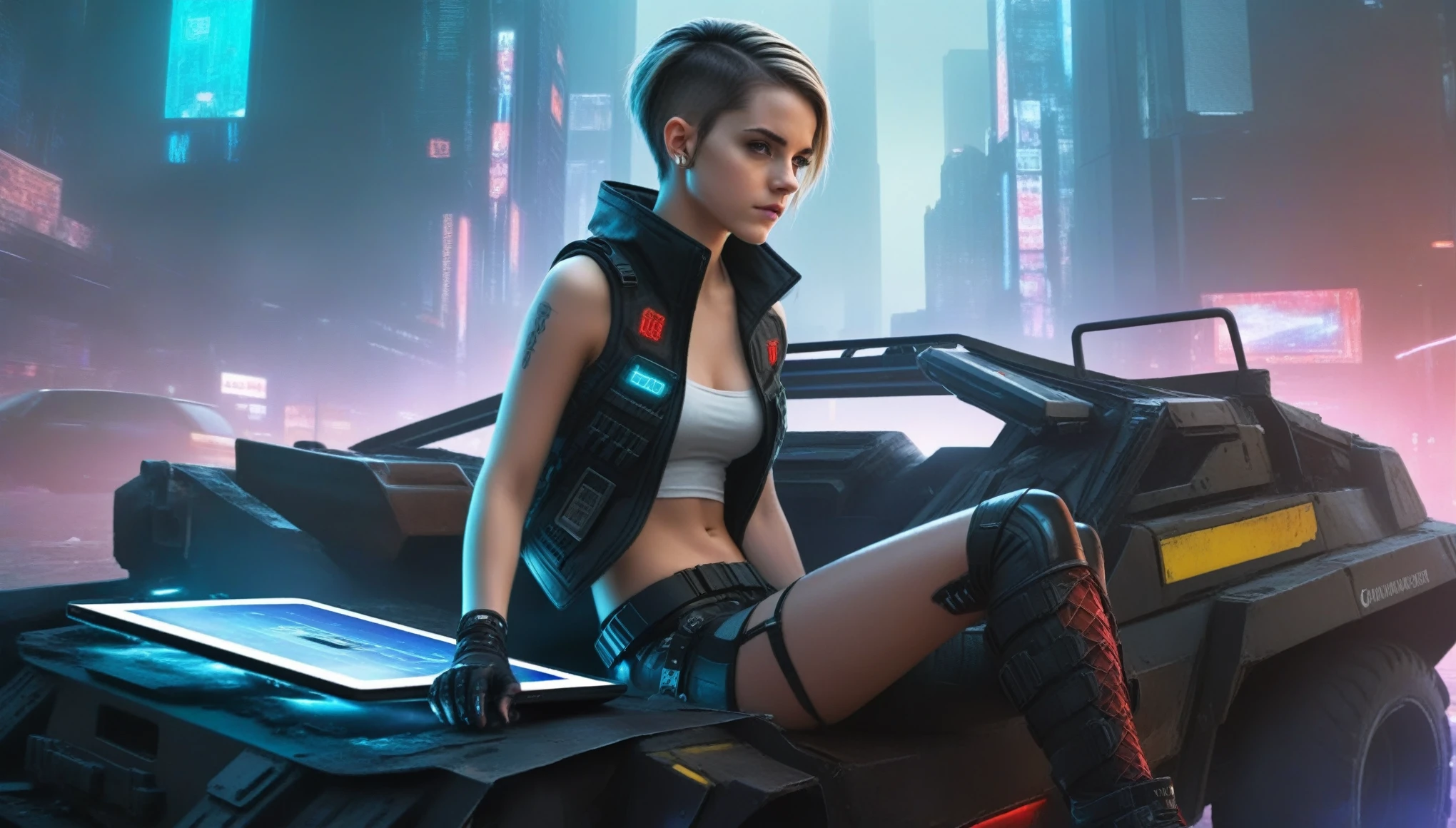 A young female hacker sitting on the hood of a wrecked APC in a cyberpunk metropolis facing the viewer, right arm resting on her waist, left arm held forward holding a transparent smart tablet, short undercut haircut, immaculate skin, scared look on her face, tears on her face, full lips, small breasts, strong legs, fullbody back and red skintight cyberpunk underarmor with intricate hexagon pattern, swat combat vest with attached wearable computer, black leather utility belt with multimeter and some probes attached, thigh high black latex boots, cutoff white gloves, no makeup, natural fingernails, emma_watson, Apocalyptic Style: