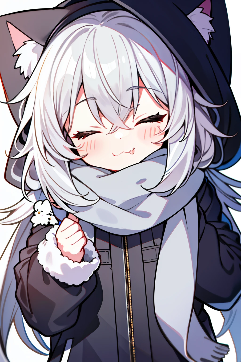 Masterpiece, Excellent, 1girl, gray hair, medium long hair, cat ears, closed eyes, looking at the audience, :3, cute, scarf, jacket, white background, fang, high quality, UHD