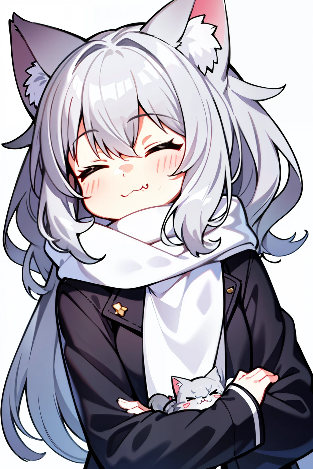 Masterpiece, Excellent, 1girl, gray hair, medium long hair, cat ears, closed eyes, looking at the audience, :3, cute, scarf, jacket, white background, fang, high quality, UHD