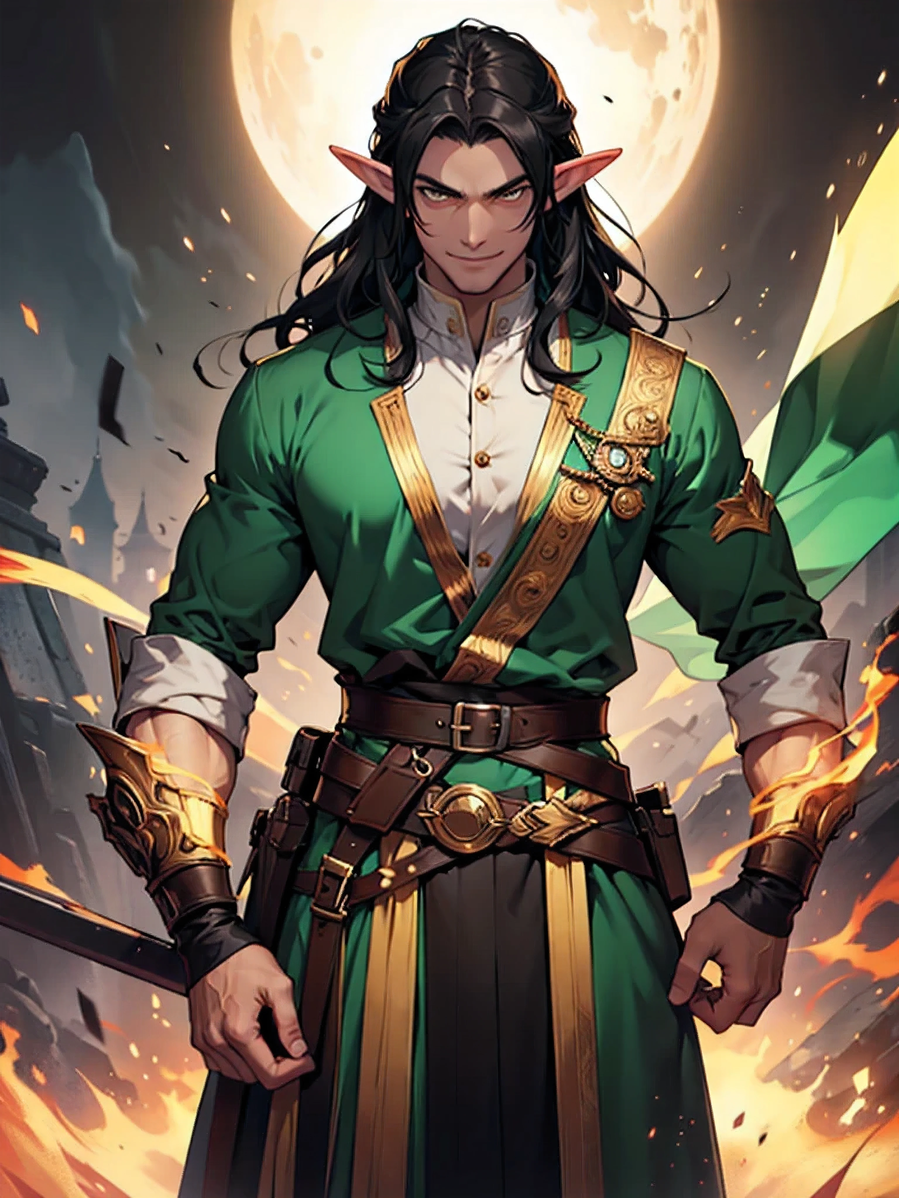 Elf dark man golden eyes green clothes long black hair evil smile