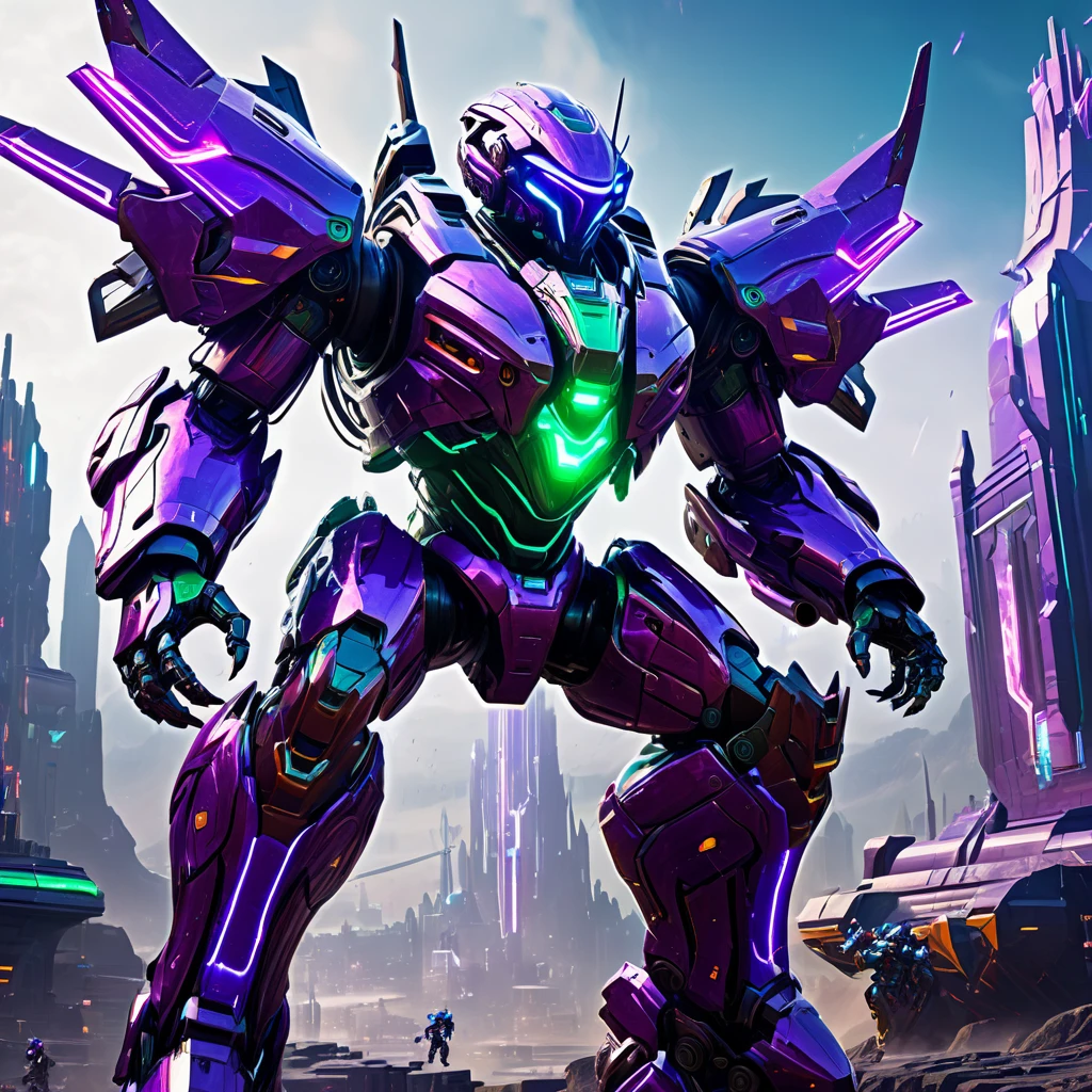 best quality,4k,8k,highres,masterpiece:1.2,ultra-detailed,realistic:1.37,cyberpunk,cybernetic,purple cyber warrior,green cyber warrior,busty cybernetic warriors,robotic castle,high-tech,high fantasy,alien world dream castle,sci-fi,action-packed,thrilling,battle,dynamic poses,vibrant colors,powerful mecha,energy weapons,futuristic technology,battle sparks,cybernetic enhancements,detailed armor and weapons,sci-fi landscape,giant floating crystals,evocative lighting,atmospheric effects,otherworldly feel,immersive,power struggle,grand scale showdown,majestic architecture,advanced robotics,enthralling,awe-inspiring scenery,heroic characters,spectacular visual effects,tension,emotional intensity