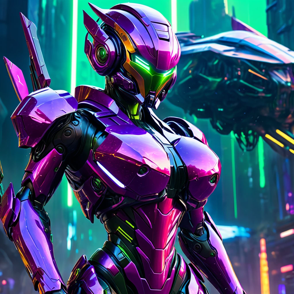 best quality,4k,8k,highres,masterpiece:1.2,ultra-detailed,realistic:1.37,cyberpunk,cybernetic,purple cyber warrior,green cyber warrior,busty cybernetic warriors,robotic castle,high-tech,high fantasy,alien world dream castle,sci-fi,action-packed,thrilling,battle,dynamic poses,vibrant colors,powerful mecha,energy weapons,futuristic technology,battle sparks,cybernetic enhancements,detailed armor and weapons,sci-fi landscape,giant floating crystals,evocative lighting,atmospheric effects,otherworldly feel,immersive,power struggle,grand scale showdown,majestic architecture,advanced robotics,enthralling,awe-inspiring scenery,heroic characters,spectacular visual effects,tension,emotional intensity