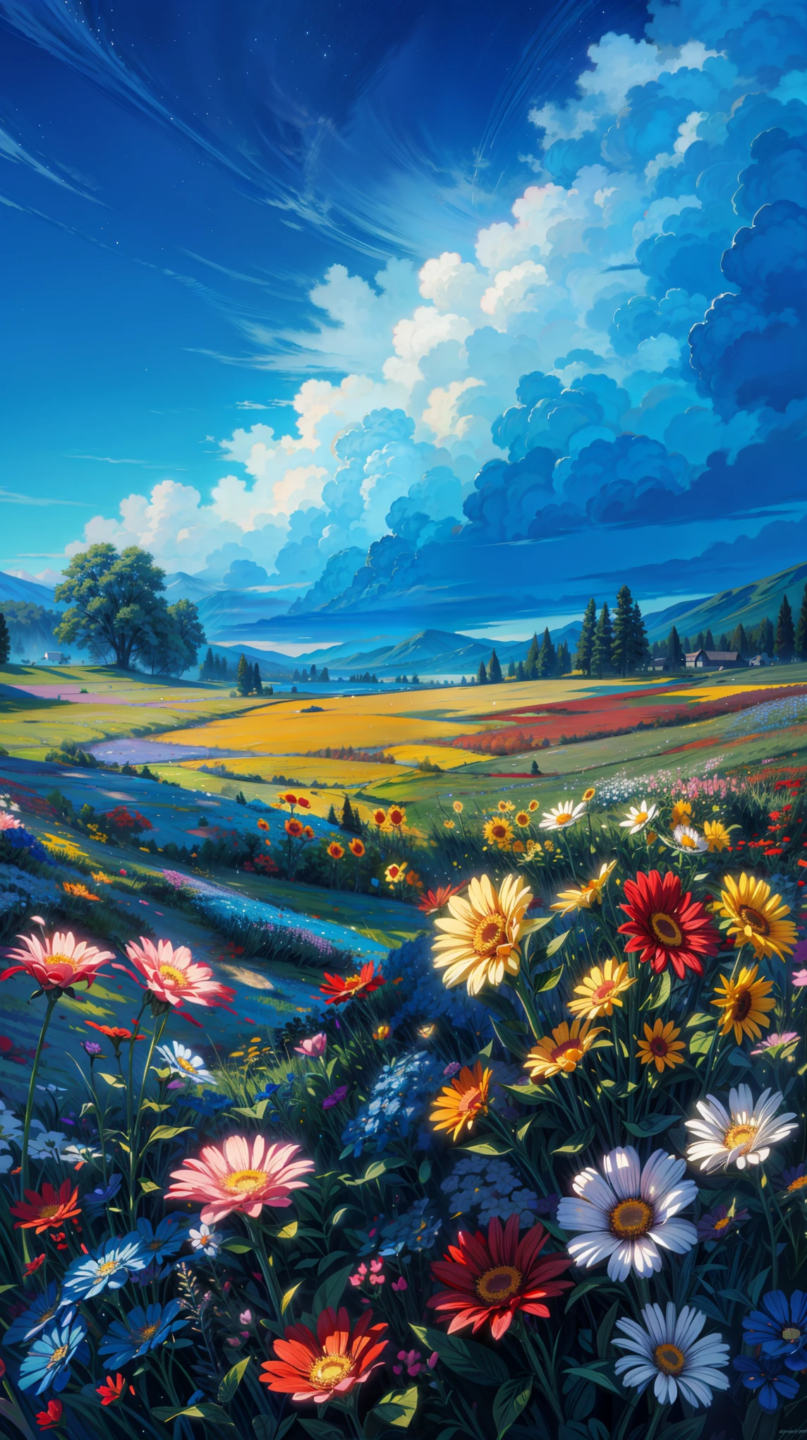 painting of a field full of colorful flowers under a blue sky, meadow background, blue flower field, field of flowers at night, field of fantasy flowers, field flowers, flowers background, field of flowers background, night sky full of flowers, field of mixed flowers, grass and flowers, an aesthetic field of flowers, field of flowers, meadow with flowers, field of wild flowers, 4k professional painting, game, detailed key anime art, illustation, a beautiful artwork illustration, beautiful digital painting, highly detailed digital painting, beautiful digital artwork, detailed painting 4 k, very detailed digital painting, rich picturesque colors, gorgeous digital painting