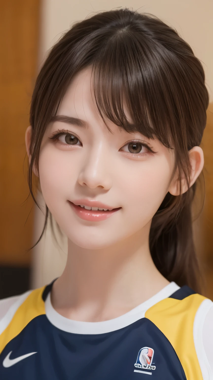 21 years old, Beautiful woman, Natural light, basketball uniform, Upper Body, Front view, basketball player , (highest quality, 8k, masterpiece), basketball court, With bangs, A shy smile, (Embarrassing), looking at the camera, light makeup, Thin eyebrows, Natural Makeup, (light makeup), Thin eyebrows, Ultra-high resolution, Glowing Skin, (Light on the cheeks), Closed lips, (Pale pink) , viewer's perspective , View here,Basketball Shooting Scene