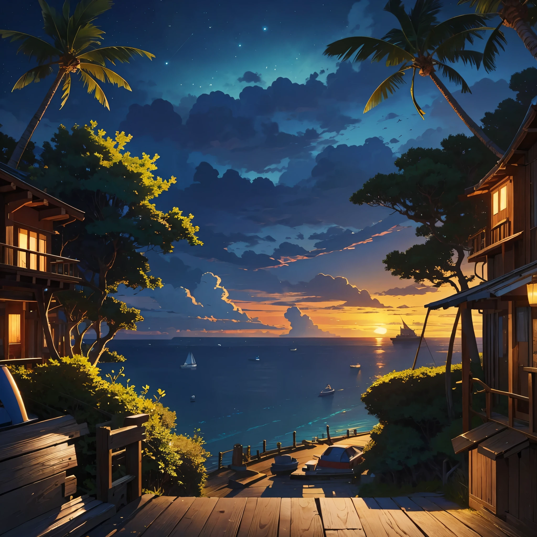 very detail painting, village harbor at late sunset with a sky background, a distance sailing boat, peaceful night, incredibly beautiful anime landscape, calm evening, distance forest hills, sea cliff, coconut trees, beautiful anime landscape, view from above, anime movie background, high quality desktop wallpaper, landscape wallpaper