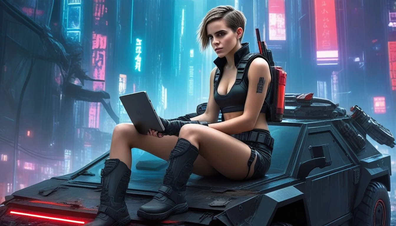 A young female hacker sitting on the hood of a wrecked APC in a cyberpunk metropolis facing the viewer, right arm resting on her waist, left arm held forward holding a transparent smart tablet, short undercut haircut, immaculate skin, scared look on her face, tears on her face, full lips, small breasts, strong legs, fullbody back and red skintight cyberpunk underarmor with intricate hexagon pattern, swat combat vest with attached wearable computer, black leather utility belt with multimeter and some probes attached, thigh high black latex boots, cutoff white gloves, no makeup, natural fingernails, emma watson, Apocalyptic Style: